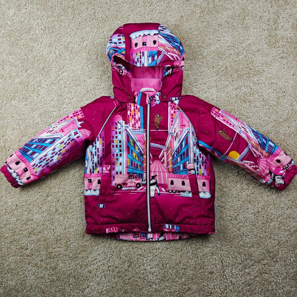 Lassie Girls 4T Pink Hooded Puffer Jacket Full Zip Graphic Print Fleece Lining